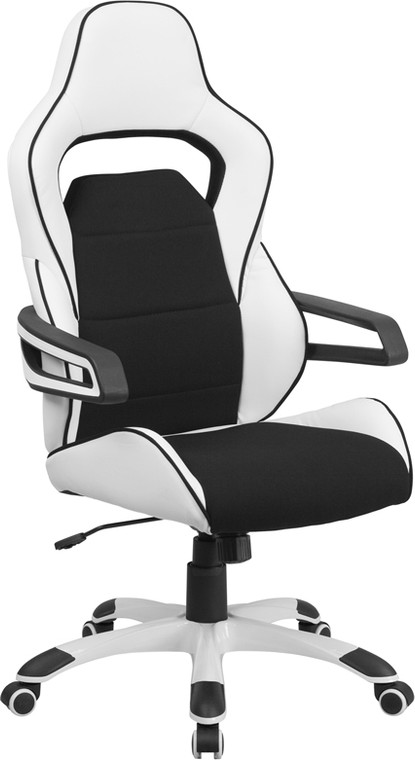 High Back White Vinyl Executive Swivel Chair with Black Fabric Inserts and Arms