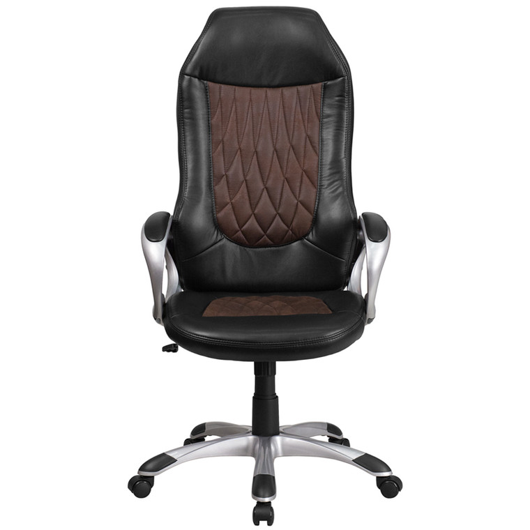 High Back Brown Fabric and Black Vinyl Executive Swivel Chair with Arms