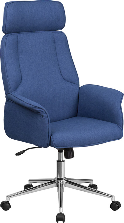 High Back Blue Fabric Executive Swivel Chair with Chrome Base and Fully Upholstered Arms
