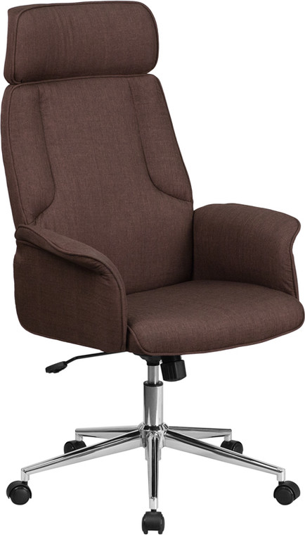 High Back Brown Fabric Executive Swivel Chair with Chrome Base and Fully Upholstered Arms