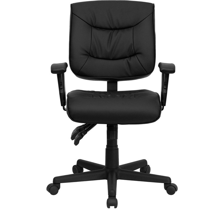 Mid-Back Black Leather Multifunction Swivel Task Chair with Adjustable Arms