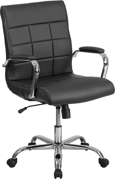 Mid-Back Black Vinyl Executive Swivel Chair with Chrome Base and Arms