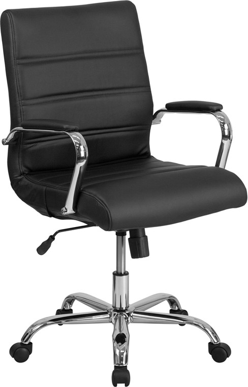 Mid-Back Black Leather Executive Swivel Chair with Chrome Base and Arms