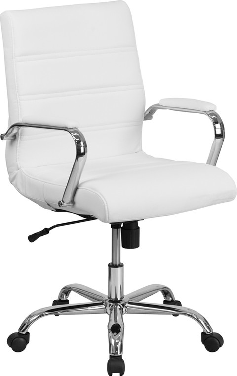 Mid-Back White Leather Executive Swivel Chair with Chrome Base and Arms