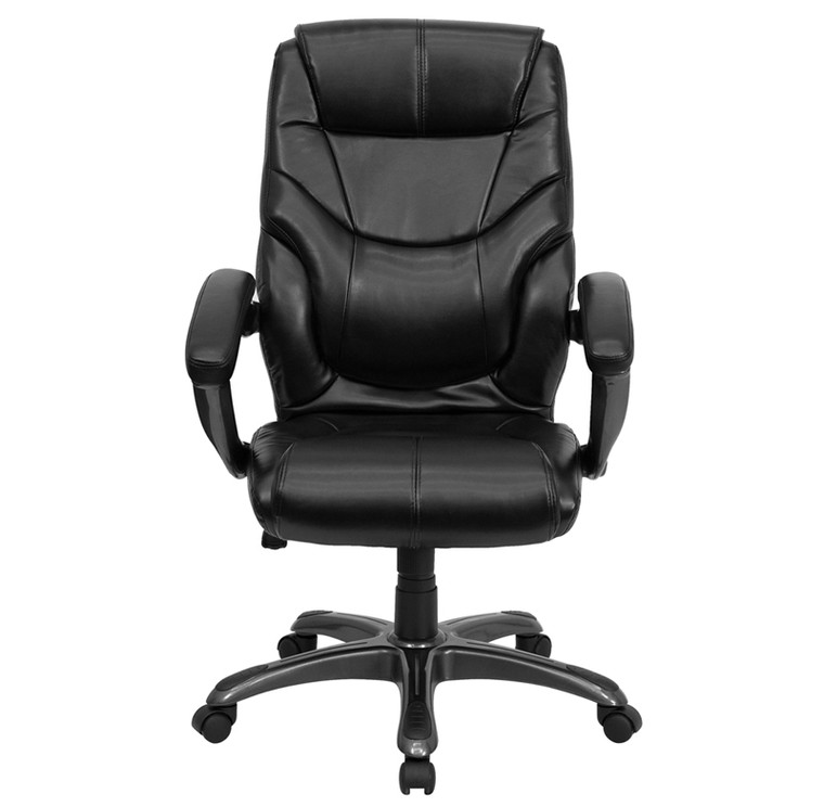 High Back Black Leather Overstuffed Executive Swivel Chair with Arms