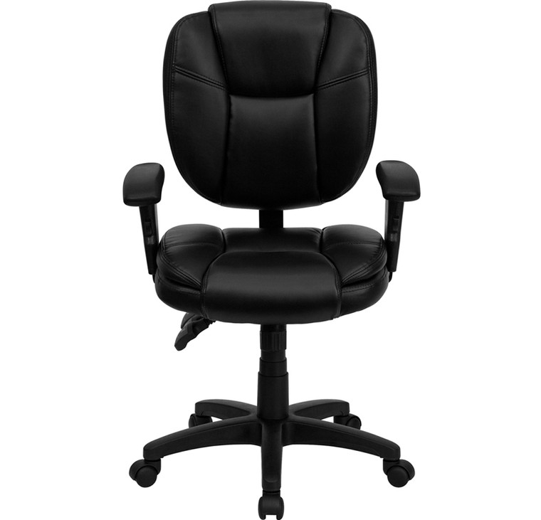 Mid-Back Black Leather Multifunction Ergonomic Swivel Task Chair with Adjustable Arms