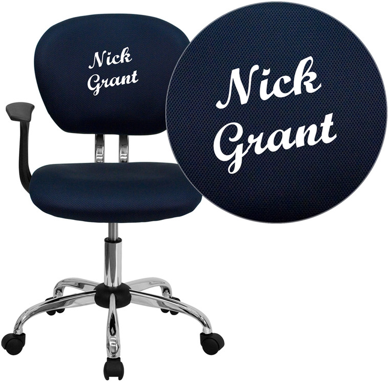 Personalized Mid-Back Navy Mesh Swivel Task Chair with Chrome Base and Arms