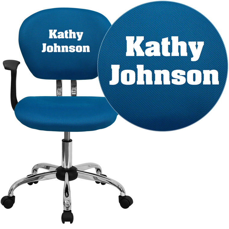 Personalized Mid-Back Turquoise Mesh Swivel Task Chair with Chrome Base and Arms