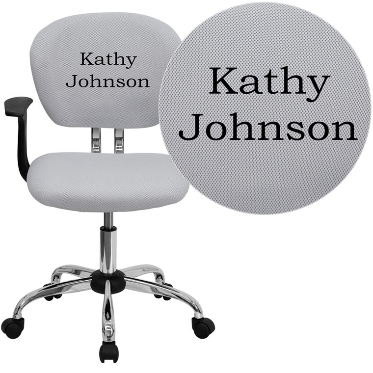 Personalized Mid-Back White Mesh Swivel Task Chair with Chrome Base and Arms