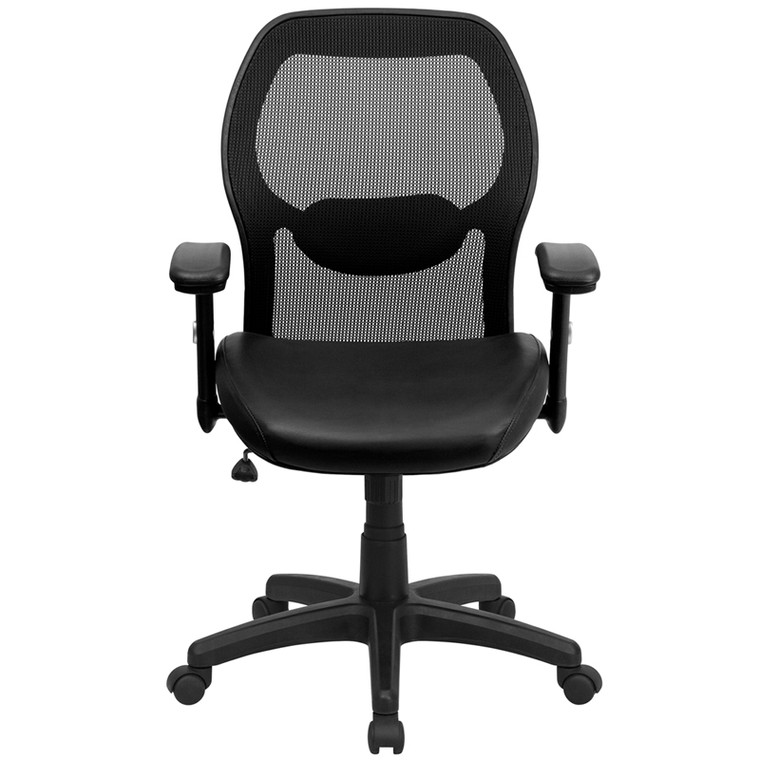 Mid-Back Black Super Mesh Executive Swivel Chair with Leather Seat and Adjustable Arms, black bonded leather
