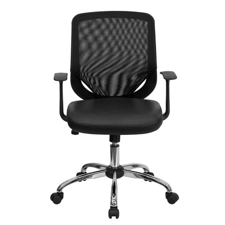 Mid-Back Black Mesh Swivel Task Chair with Leather Seat and Arms [DXLFiW95iLEAiBK]