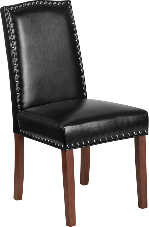 Black Leather Parsons Chair with Silver Nail Heads