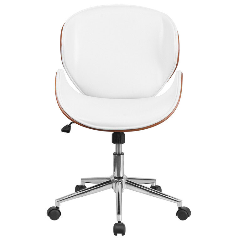 Mid-Back Walnut Wood Swivel Conference Chair in White Leather