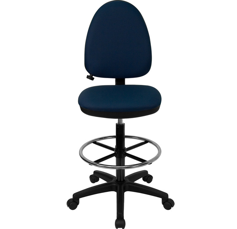 Mid-Back Navy Blue Fabric Multifunction Drafting Chair with Adjustable Lumbar Support