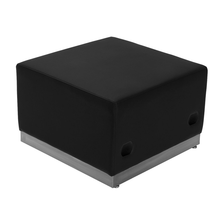 Black Leather Ottoman with Brushed Stainless Steel Base