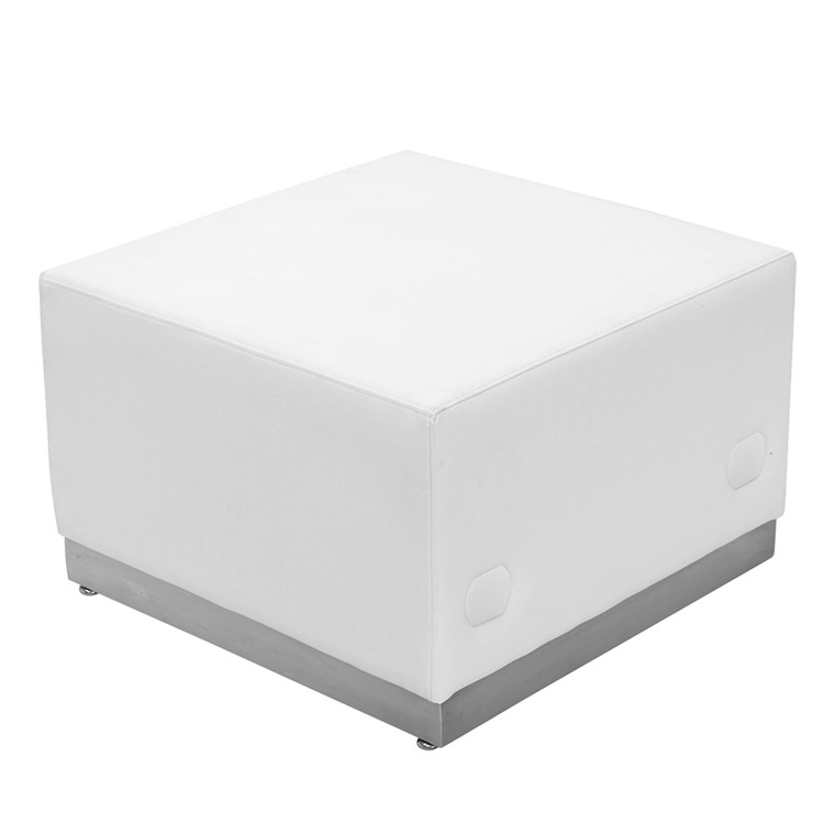 White Leather Ottoman with Brushed Stainless Steel Base