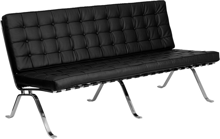 Black Leather Sofa with Curved Legs