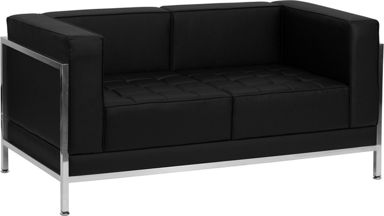 Contemporary Black Leather Loveseat with Encasing Frame