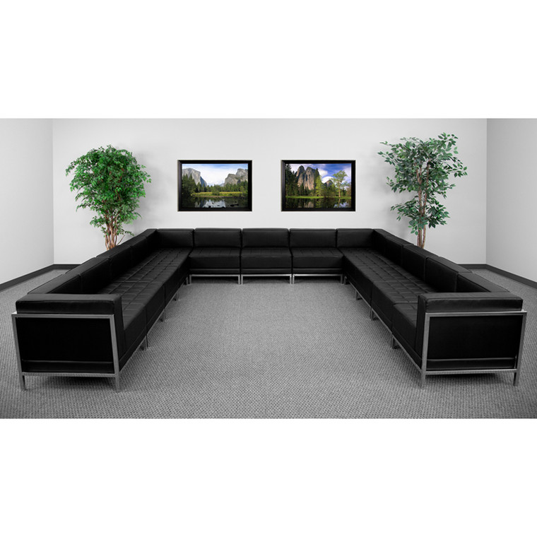 Black Leather U-Shape Sectional Configuration, 13 Pieces