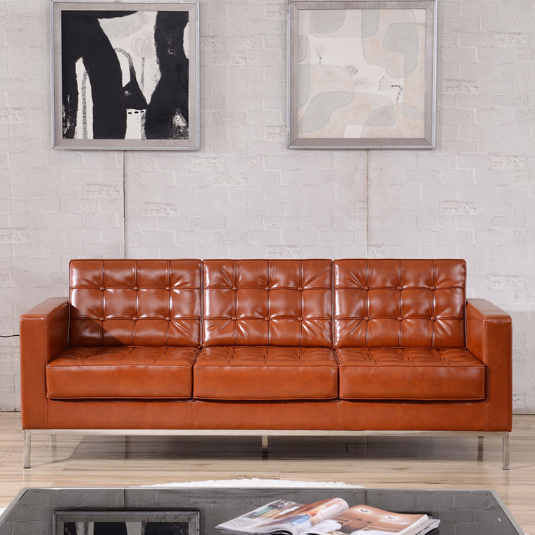 Contemporary Cognac Leather Sofa with Stainless Steel Frame