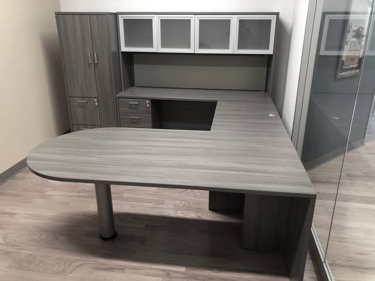AM-Series Open Bullet Front U-Shape Executive Desk with Glass Door Hutch (Customize)