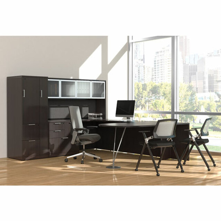 OSL-Series U-Shape Executive Desk, Open Hutch with Glass Doors and Wardrobe Storage - Typical NXOS125