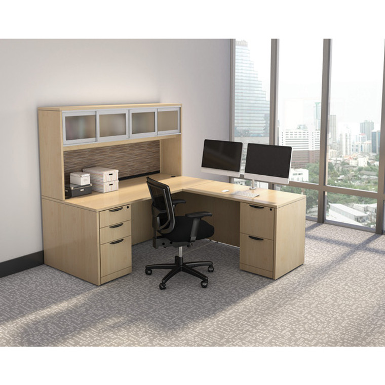 OSL-Series L-Shape Executive Desk with Glass Doors Hutch, Two Deluxe Full Pedestals and Tack Board- Typical NXOS127