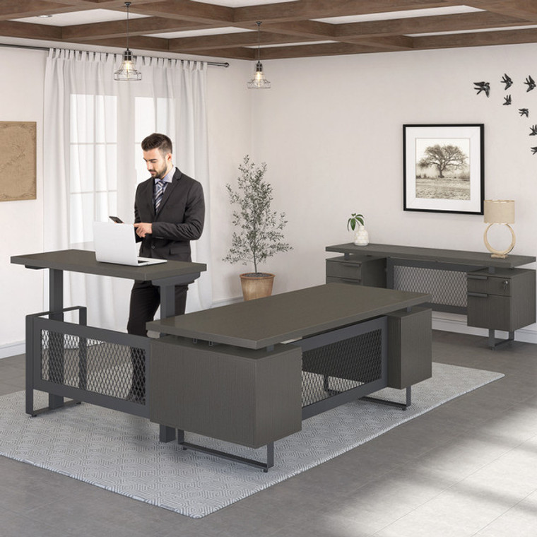 Palis Collection Single Pedestal Half Height Adjustable Executive L-Shape Desk Typical with Credenza