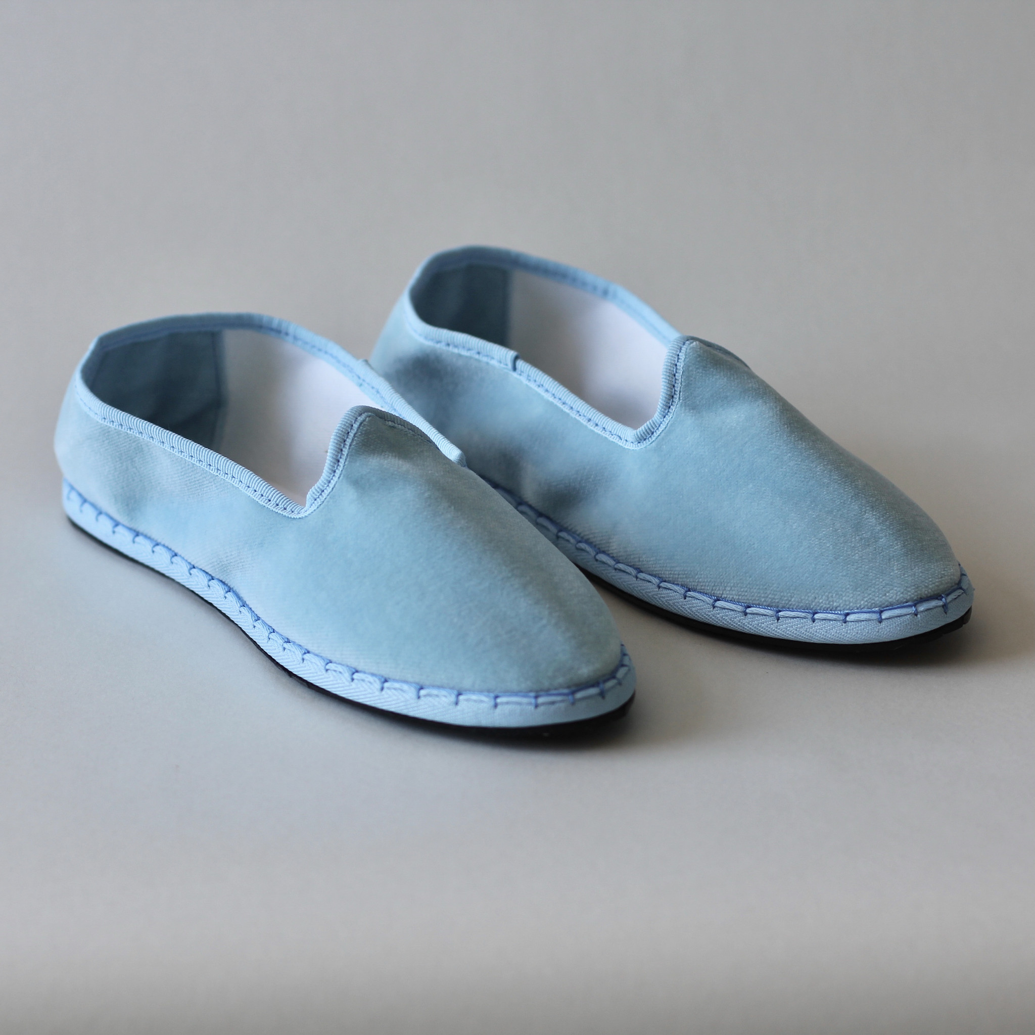 Velvet classic furlane slippers, sky, Drogheria Crevellini, Handmade, Elias Mercantile