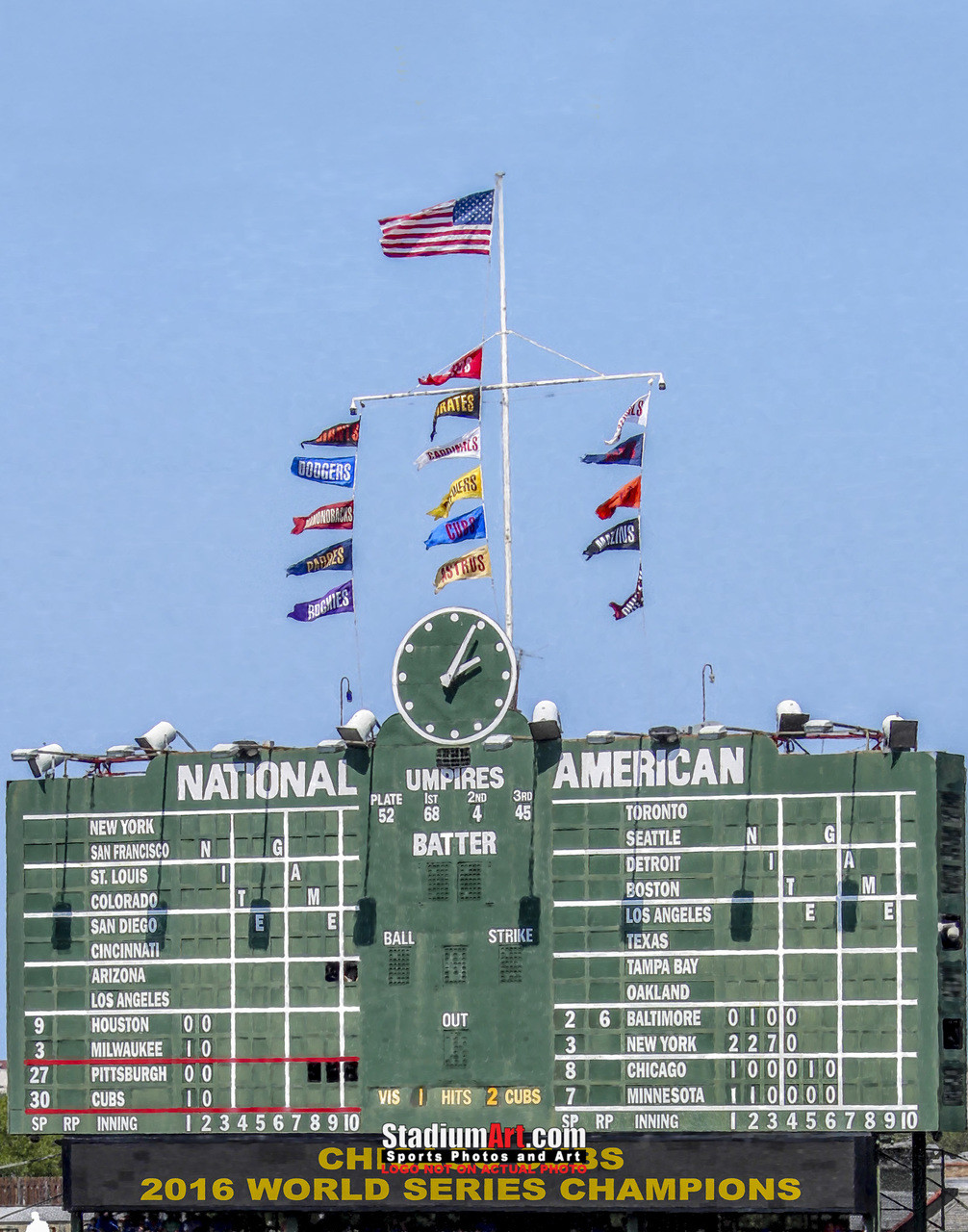 Chicago Cubs Wrigley Field 2016 World Series Champions Art Scoreboard 8x10  to 48x36 Art 01