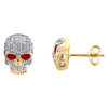 10K Yellow Gold Diamond Skull Head Red Enamel Studs 11mm Pave Earrings 0.22 CT.