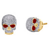 10K Yellow Gold Diamond Skull Head Red Enamel Studs 11mm Pave Earrings 0.22 CT.