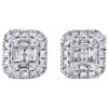 14K White Gold Round & Baguette Diamond Stud 8mm Statement Halo Earrings 1/2 CT.