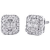 14K White Gold Round & Baguette Diamond Stud 8mm Statement Halo Earrings 1/2 CT.