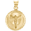 14K Yellow Gold Diamond Cut Textured  Jesus Crucifix Circle Pendant Charm 0.90"