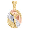 14K Tri-Color Gold Diamond Cut Texture Jesus Crucifix Circle Pendant Charm 1.15"