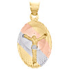 14K Tri-Color Gold Diamond Cut Textured Jesus Crucifix Oval Pendant 1" Charm