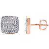 10K Rose Gold Round & Baguette Diamond Cushion Shape Earrings 9.75mm Stud 1/2 CT