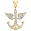 10K Yellow Gold Real Diamond Ship Anchor Angel Wing Pendant 1.70" Charm 1/2 CT.