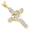 10K Yellow Gold Round Dancing Diamond Heart & Cross Pendant 1" Pave Charm 1/7 CT