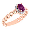 anillo de promesa para mujer con eslabones cubanos y halo de diamantes y rubíes ovalados en oro rosa de 10 quilates, 1/10 TCW