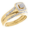 bague de mariée carrée sertie d'un trio de diamants en or jaune 10 carats + alliance ondulée 0,08 tcw