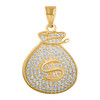 10K Yellow Gold Round CZ Mens 1.10" Iced Out Charm Dollar Sign Money Bag Pendant