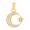 14K Yellow Gold Round Cut CZ 0.95" Charm Celestial Crescent Moon & Star Pendant