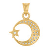 14K Yellow Gold Round Cut CZ 0.95" Charm Celestial Crescent Moon & Star Pendant