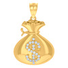 10K Yellow Gold Round CZ Mens 1.05" Currency Charm Dollar Sign Money Bag Pendant