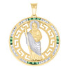 14K Yellow Gold Green CZ Unisex 1.50" Greek Key Charm St. Jude Medallion Pendant