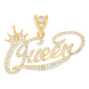 10K Yellow Gold Round Cut CZ Women's 1.10" Script Font Charm Crown QUEEN Pendant