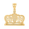 10K Yellow Gold Round CZ Men's 0.95" Royalty Charm Iced Out King's Crown Pendant