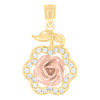 10K Two Tone Gold Round CZ Women's 0.85" Floral Frame Charm Rose Flower Pendant